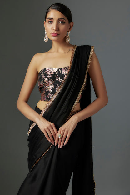 Black Satin Georgette Metallic Fringed Saree Set