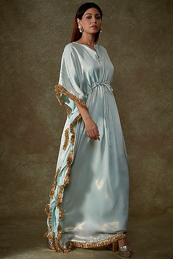 Blue Satin Georgette Fringe Kaftan