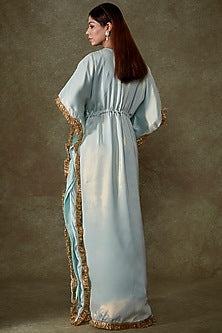 Blue Satin Georgette Fringe Kaftan