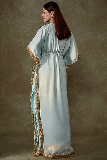 Blue Satin Georgette Fringe Kaftan