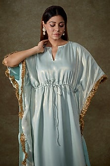 Blue Satin Georgette Fringe Kaftan