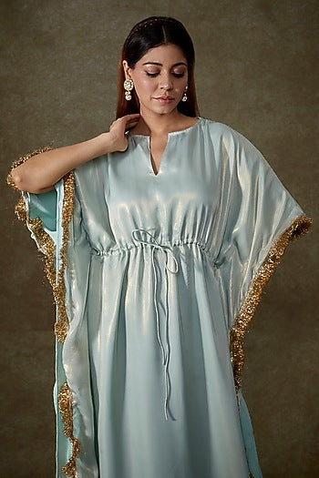 Blue Satin Georgette Fringe Kaftan