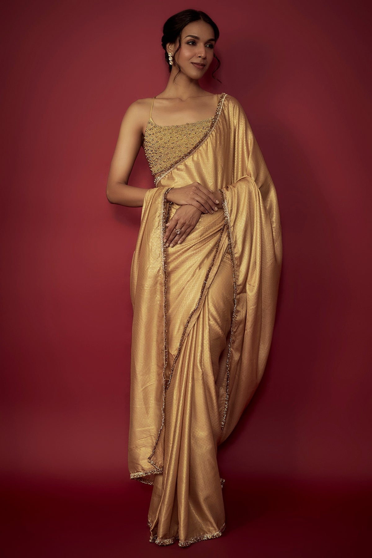 Gold Recycled Polyester Fringe Saree Set