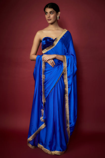 Electric Blue Recycled Polyester Gota Fringed Saree Set