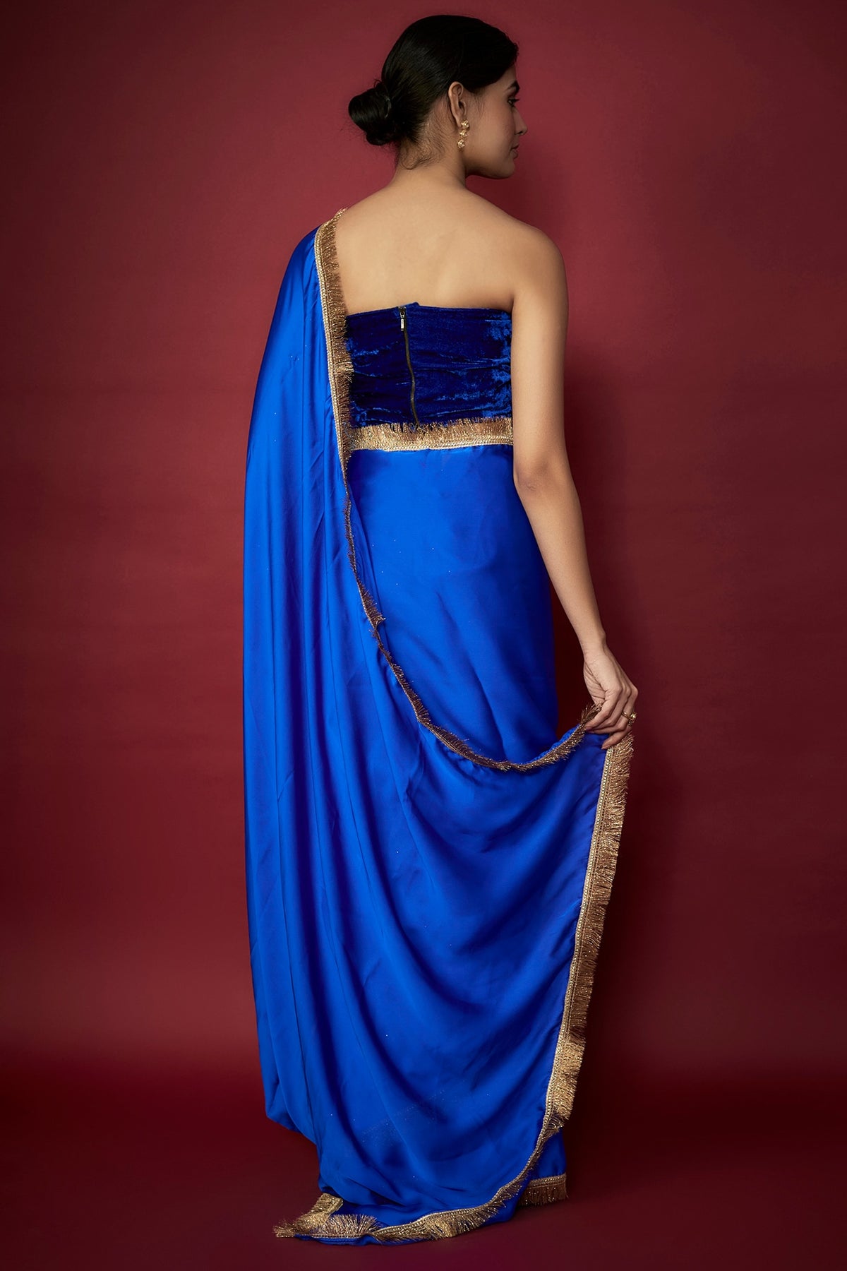 Electric Blue Recycled Polyester Gota Fringed Saree Set