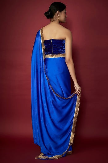 Electric Blue Recycled Polyester Gota Fringed Saree Set