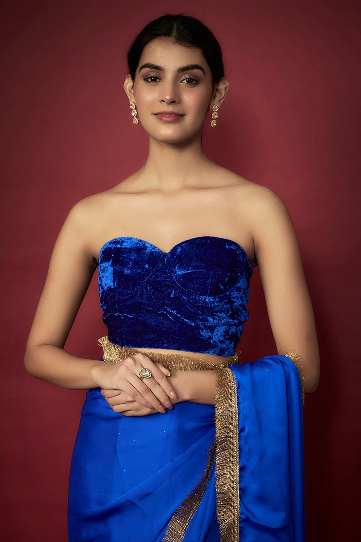 Electric Blue Recycled Polyester Gota Fringed Saree Set