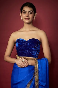 Electric Blue Recycled Polyester Gota Fringed Saree Set