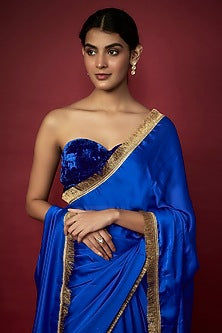 Electric Blue Recycled Polyester Gota Fringed Saree Set