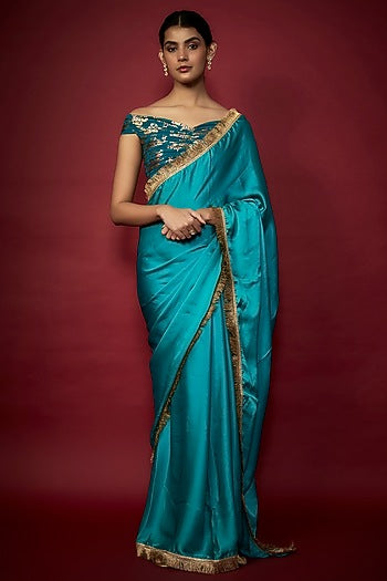Teal Blue Recycled Polyester Gota Fringed Saree Set
