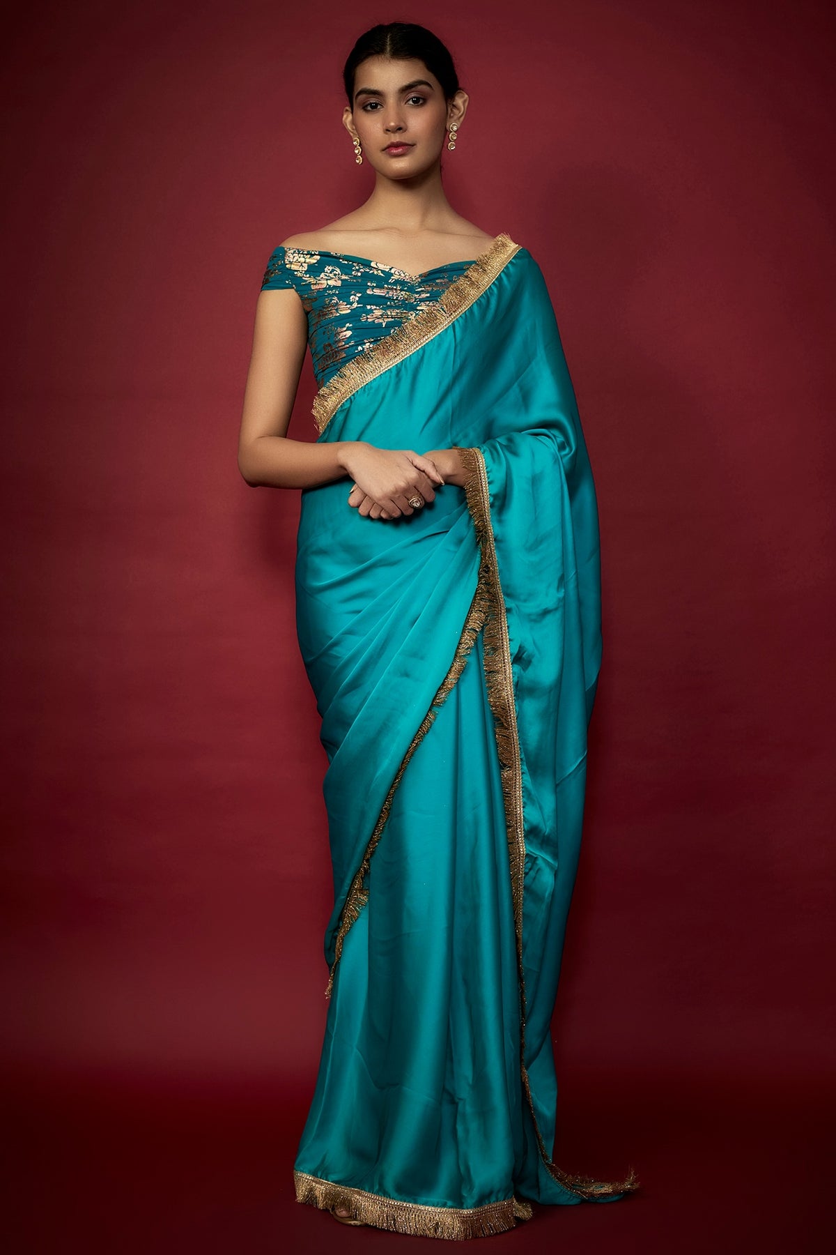 Teal Blue Recycled Polyester Gota Fringed Saree Set