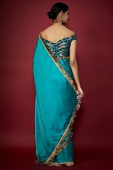 Teal Blue Recycled Polyester Gota Fringed Saree Set