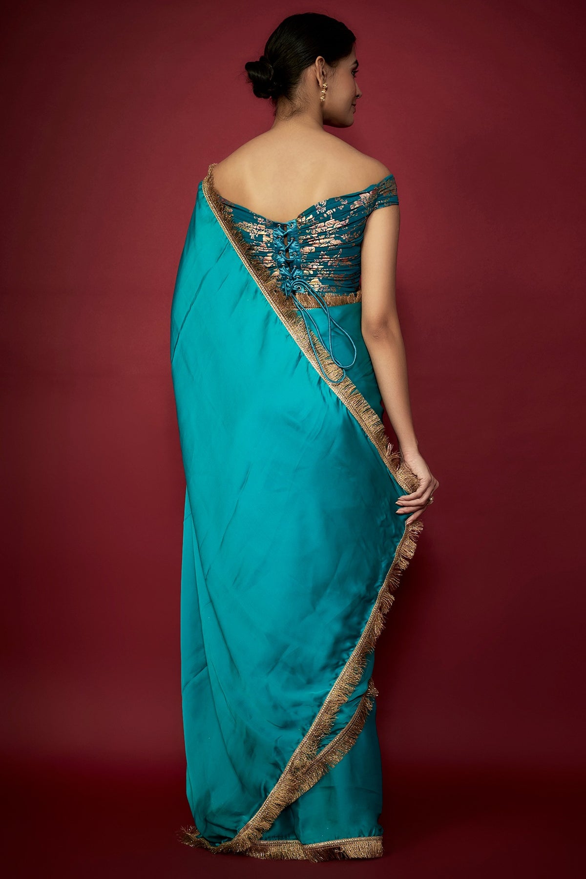 Teal Blue Recycled Polyester Gota Fringed Saree Set
