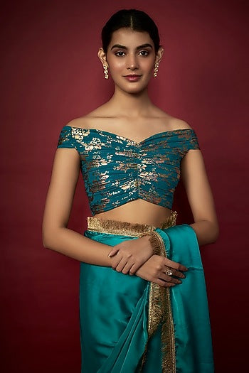 Teal Blue Recycled Polyester Gota Fringed Saree Set