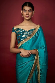 Teal Blue Recycled Polyester Gota Fringed Saree Set