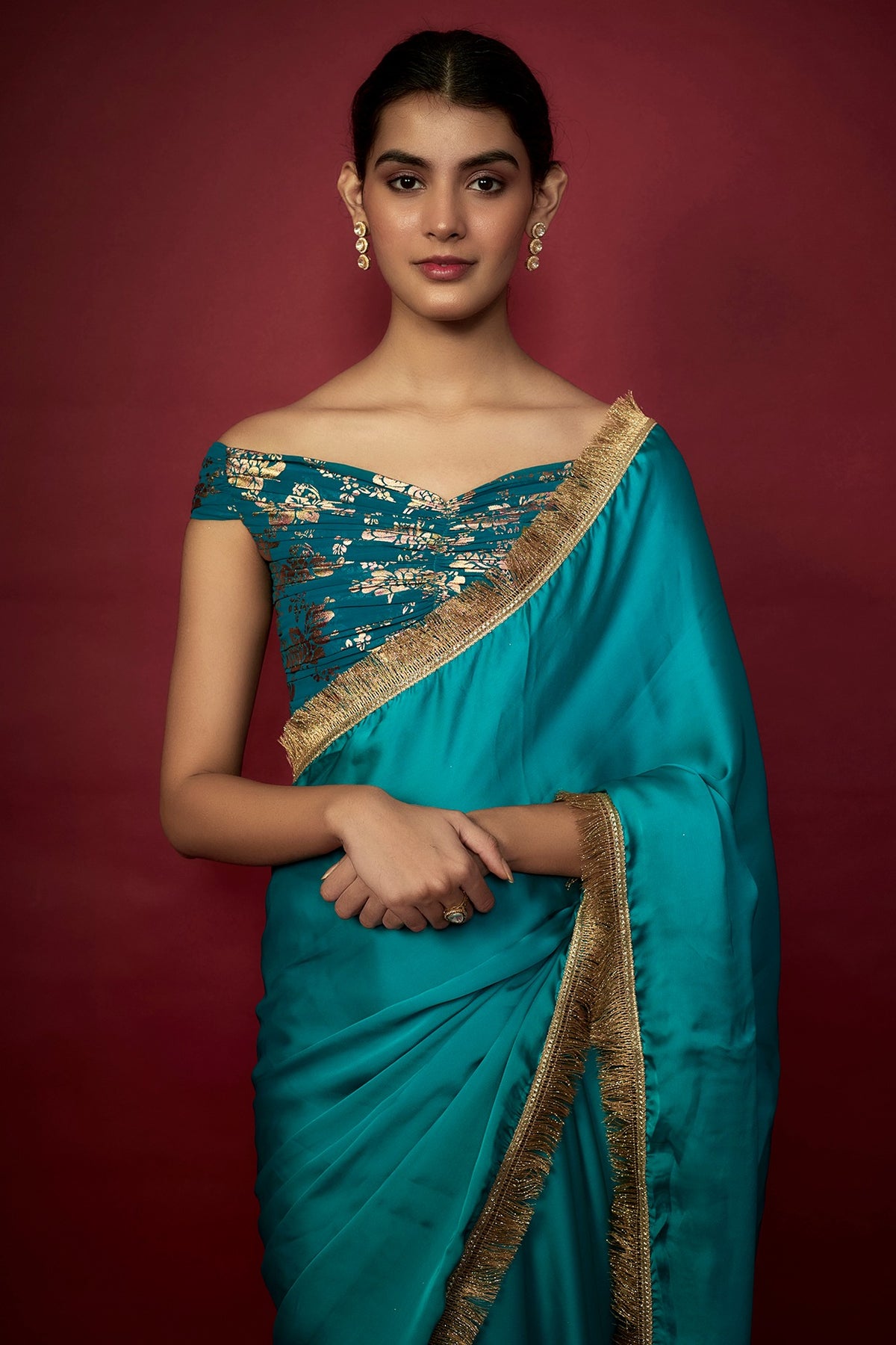 Teal Blue Recycled Polyester Gota Fringed Saree Set