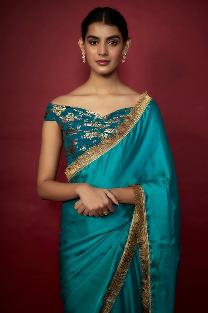 Teal Blue Recycled Polyester Gota Fringed Saree Set