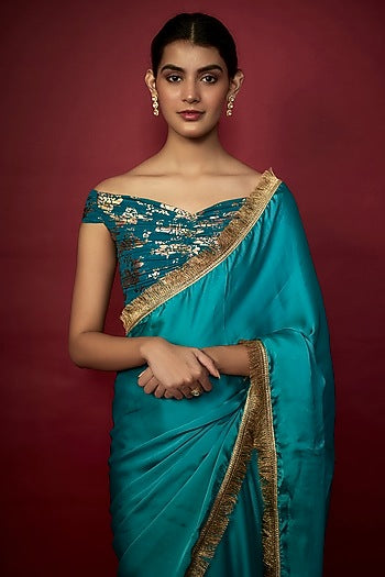 Teal Blue Recycled Polyester Gota Fringed Saree Set