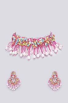 Pink Bead & Pearl Choker Necklace Set