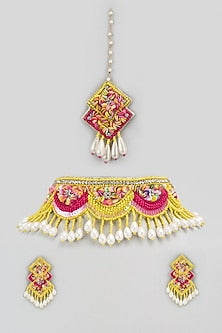 Yellow & Pink Beaded Choker Necklace Set