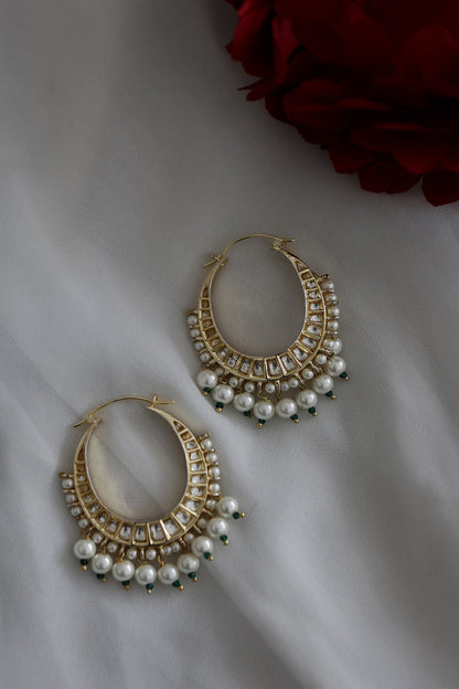Gold Plated Kundan Polki & Pearl Hoop Earrings
