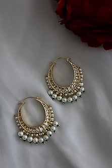 Gold Plated Kundan Polki & Pearl Hoop Earrings