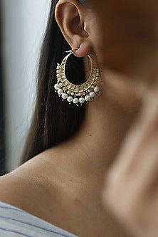Gold Plated Kundan Polki & Pearl Hoop Earrings