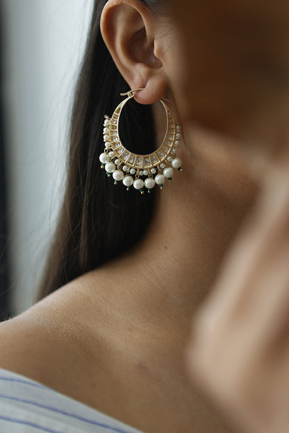 Gold Plated Kundan Polki & Pearl Hoop Earrings