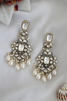 Black Rhodium Finish Polki & Pearl Dangler Earrings