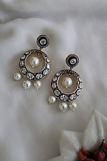 Black Rhodium Finish Pearl & Polki Chandbali Earrings