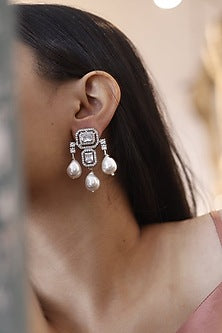 White Rhodium Finish Faux Diamond Dangler Earrings