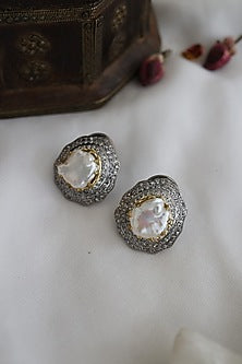White Rhodium Finish Baroque Pearl Stud Earrings