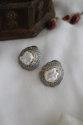 White Rhodium Finish Baroque Pearl Stud Earrings