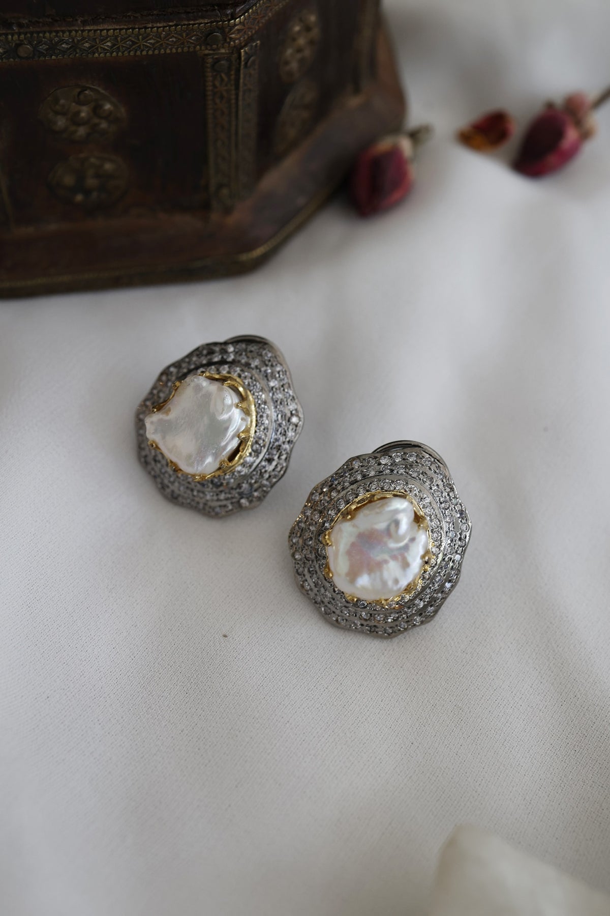 White Rhodium Finish Baroque Pearl Stud Earrings
