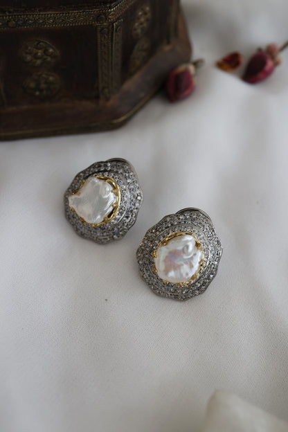 White Rhodium Finish Baroque Pearl Stud Earrings
