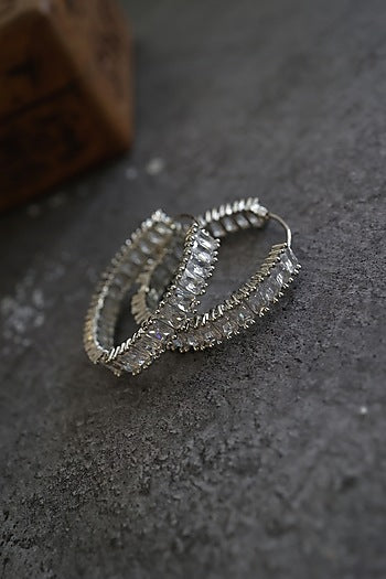 White Rhodium Finish Crystal Hoop Earrings