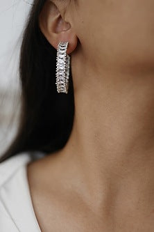 White Rhodium Finish Crystal Hoop Earrings