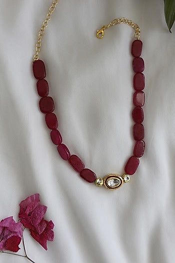 Gold Finish Red Agate Stone & Kundan Choker Necklace