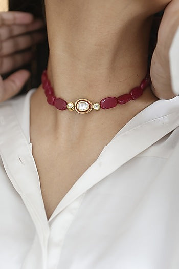 Gold Finish Red Agate Stone & Kundan Choker Necklace