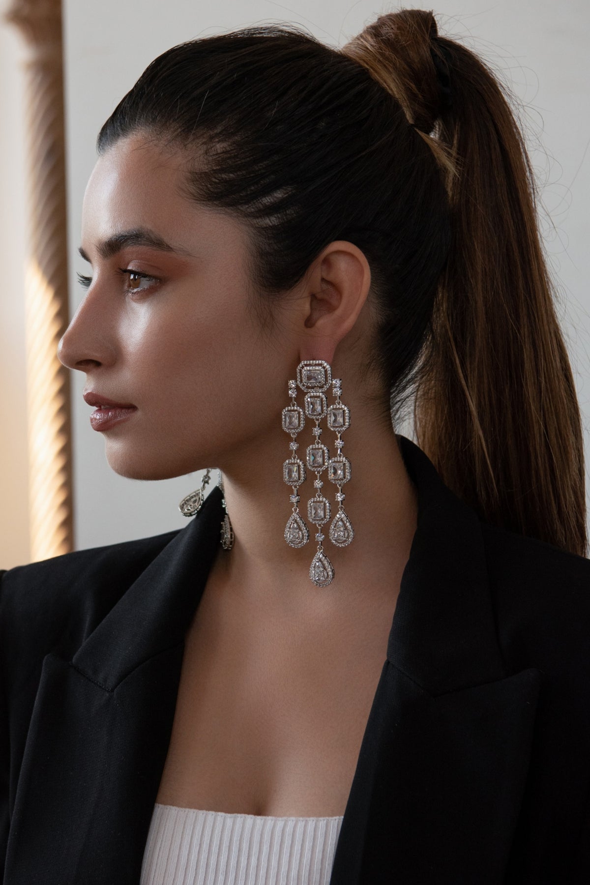 Rhodium Finish Cubic Zirconia & Swarovski Crystal Dangler Earrings