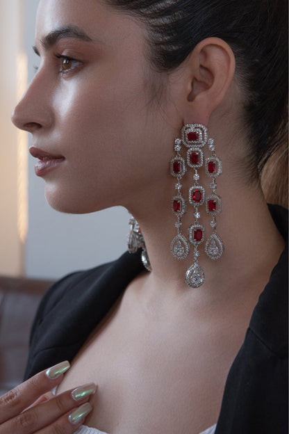 Rhodium Finish Cubic Zirconia & Red Swarovski Crystal Dangler Earrings