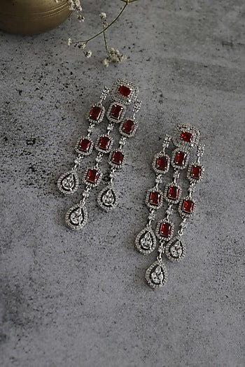 Rhodium Finish Cubic Zirconia & Red Swarovski Crystal Dangler Earrings