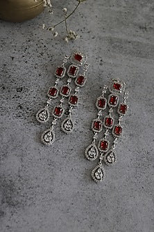 Rhodium Finish Cubic Zirconia & Red Swarovski Crystal Dangler Earrings