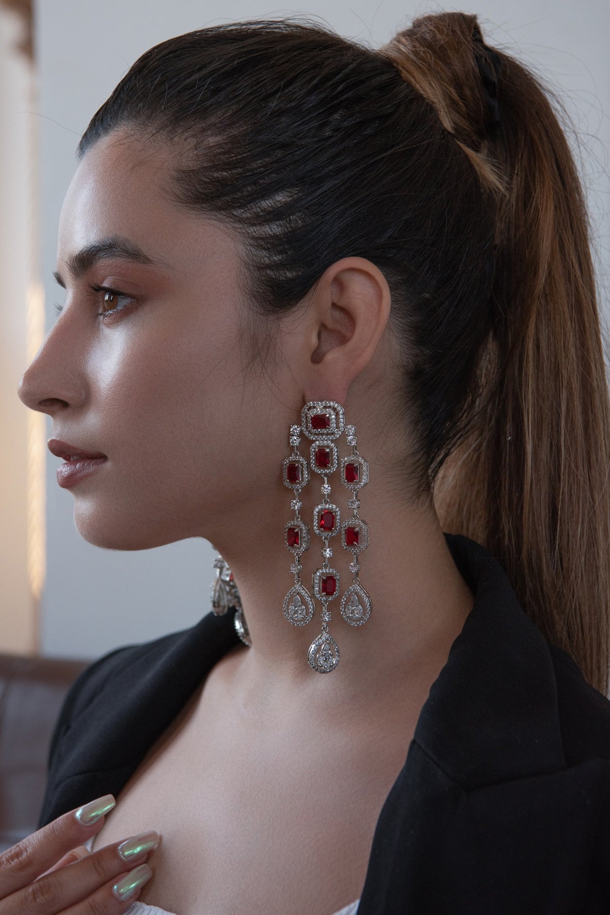 Rhodium Finish Cubic Zirconia & Red Swarovski Crystal Dangler Earrings