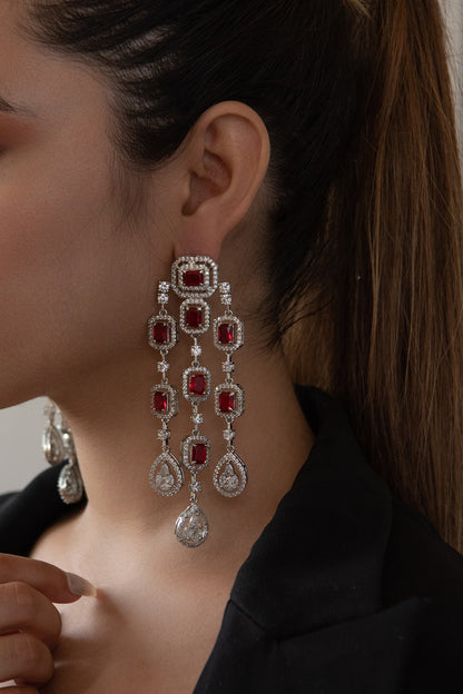 Rhodium Finish Cubic Zirconia & Red Swarovski Crystal Dangler Earrings