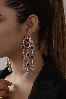Rhodium Finish Cubic Zirconia & Red Swarovski Crystal Dangler Earrings