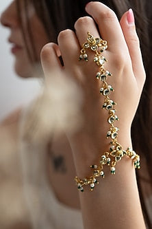 Gold Finish Kundan Polki & Pearls Kundan Polki Hathphool