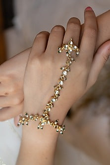 Gold Finish Kundan Polki & Pearls Kundan Polki Hathphool