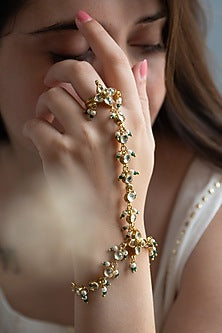 Gold Finish Kundan Polki & Pearls Kundan Polki Hathphool