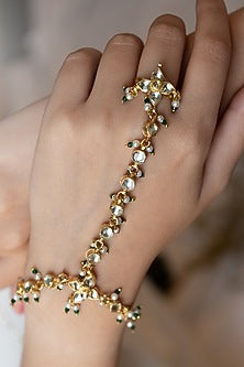 Gold Finish Kundan Polki & Pearls Kundan Polki Hathphool